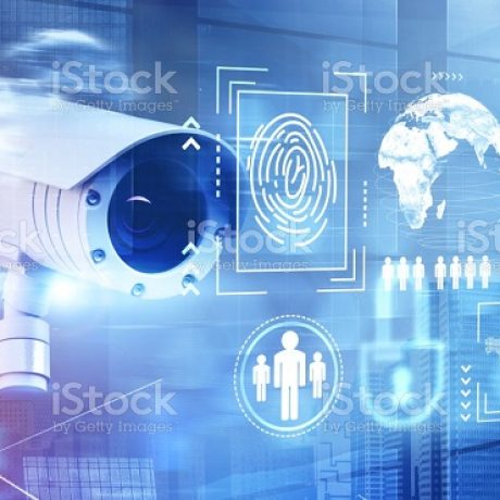 Modern CCTV camera over cityscape background with double exposure of cyber security interface. Concept of data protection. 3d rendering toned image. Elements of this image furnished by NASA